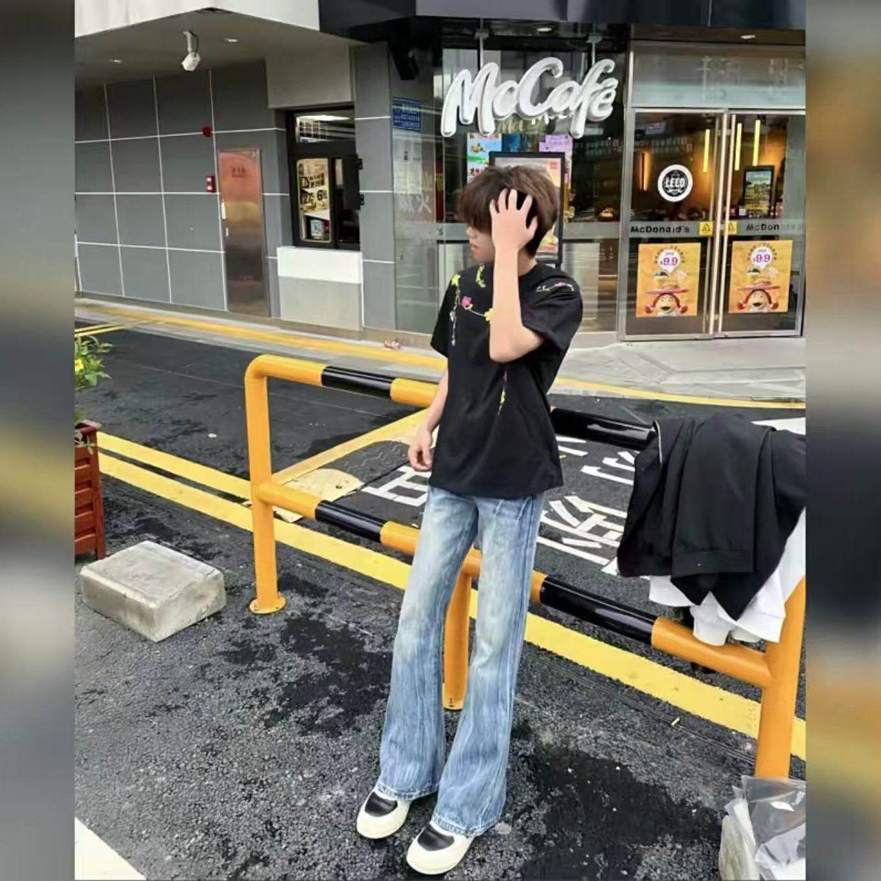 港风水洗做旧闪电裂纹牛仔裤男美式复古街头春秋潮牌百搭痞帅长裤