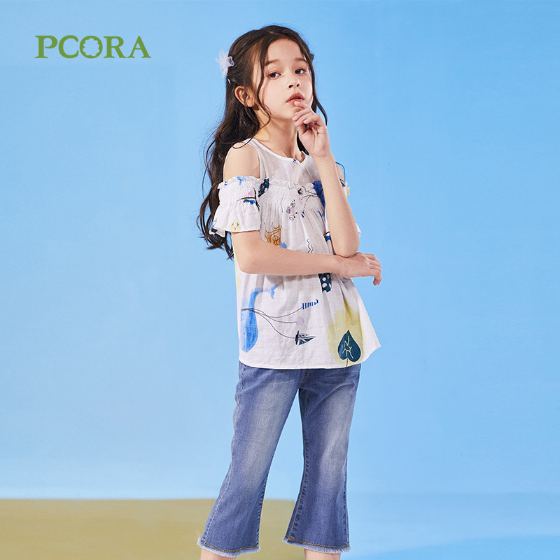 巴柯拉童装女童上衣中大童春夏新款休闲短袖套头童装洋气小女孩