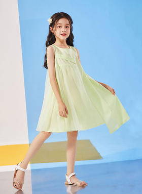 巴柯拉专柜同款女童连衣裙背心无袖网纱拼接中大童豆绿色洋气裙子
