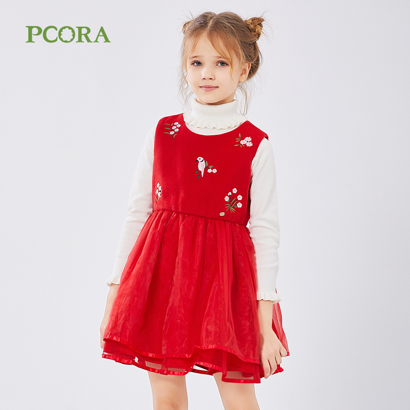 巴柯拉童装女大童连衣裙春秋儿童优雅仙气舒服透气背心收腰红裙子