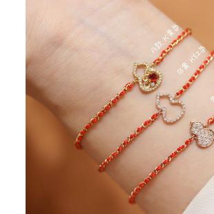 新年礼物通体纯18K金天然宝石钻石葫芦au750本命年法国红绳手链