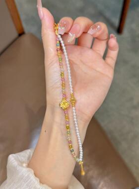 足金999紫荆花双层双圈黄金手链天然淡水珍珠手串生日礼物