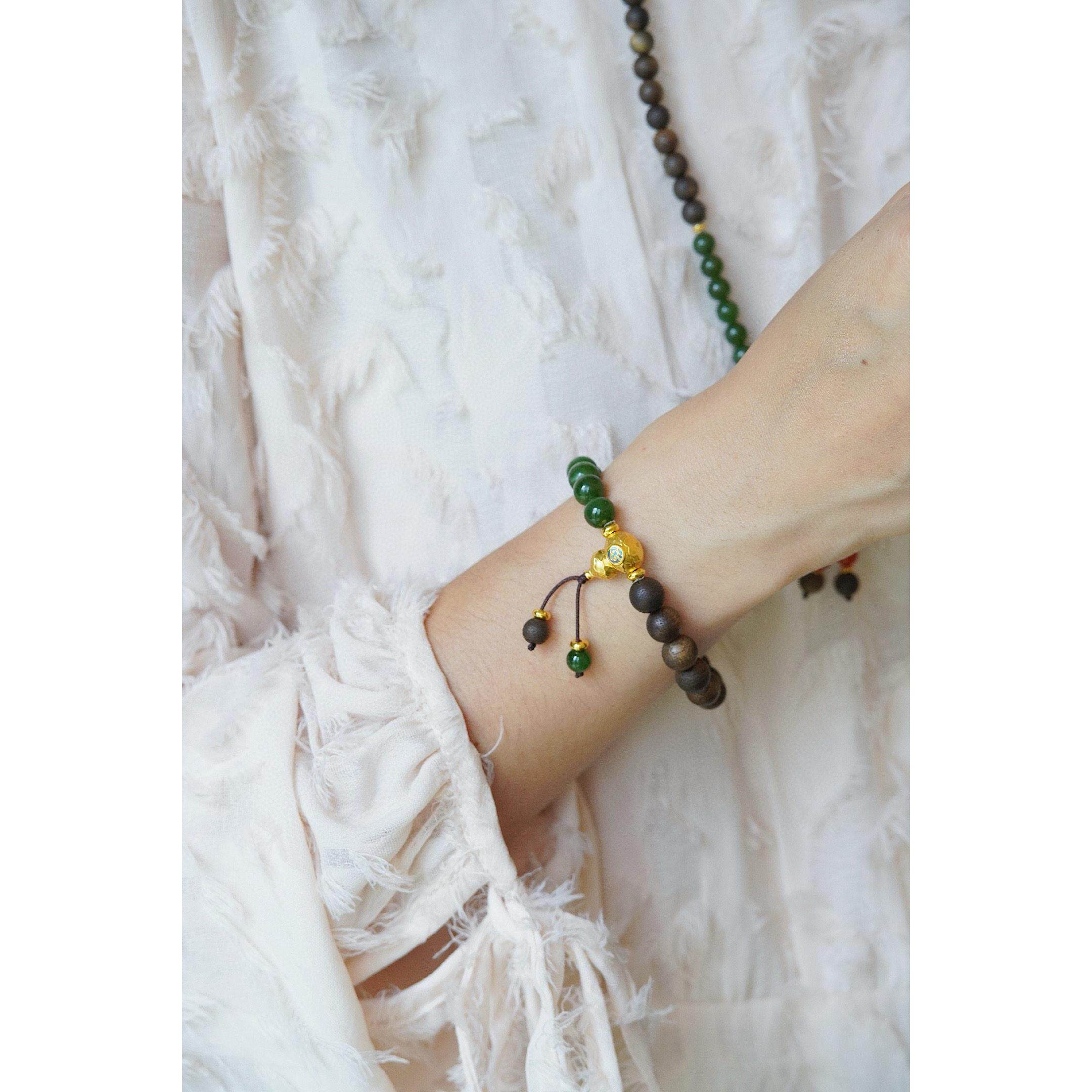 足金999三通天然沉香碧玉单圈水贝黄金手串新中式国风文玩高级感