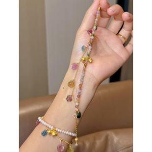 足金999黄金铃兰花手串真金手链天然珍珠/碧玺自带送女友礼物