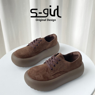 SGIRL TWTW复古磨砂皮厚底板鞋女2025新款百搭轻便休闲面包小皮鞋