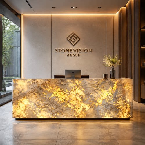 透光奢石吧台公司前台接待台酒店大堂美容院前台复合奢石大理石纹