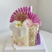 新中式 国风蛋糕装 饰蝴蝶兰花束青花瓷粉紫色扇子木质屏风插件插牌
