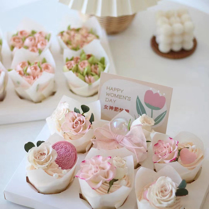 38女神节鲜花纸杯蛋糕装饰插件三八妇女节郁金香纸托杯子蛋糕礼盒
