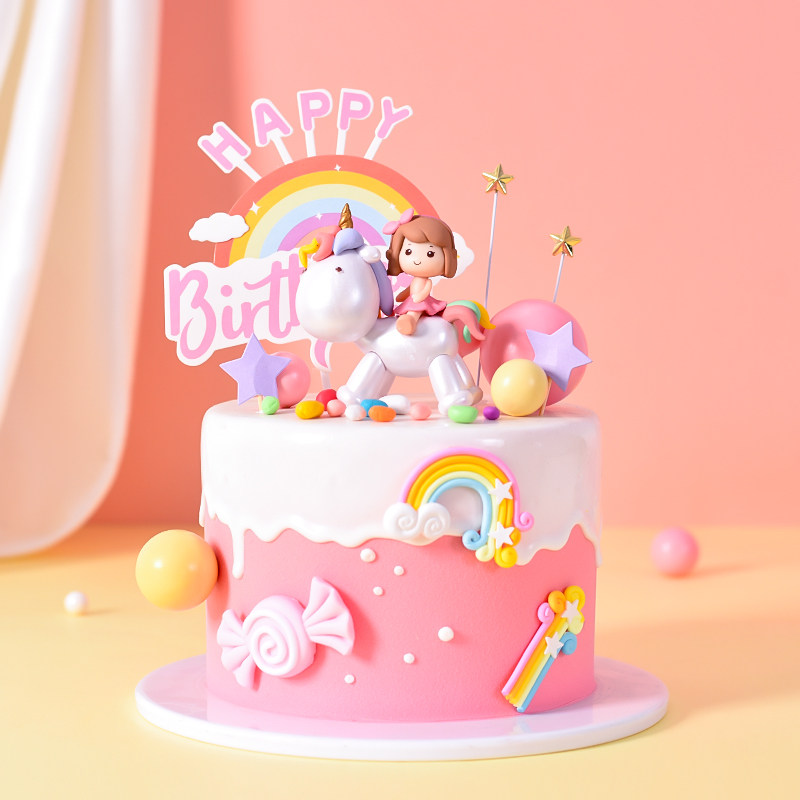 烘焙蛋糕装饰摆件大头独角兽女孩生日卡通可爱彩虹插卡装扮插件