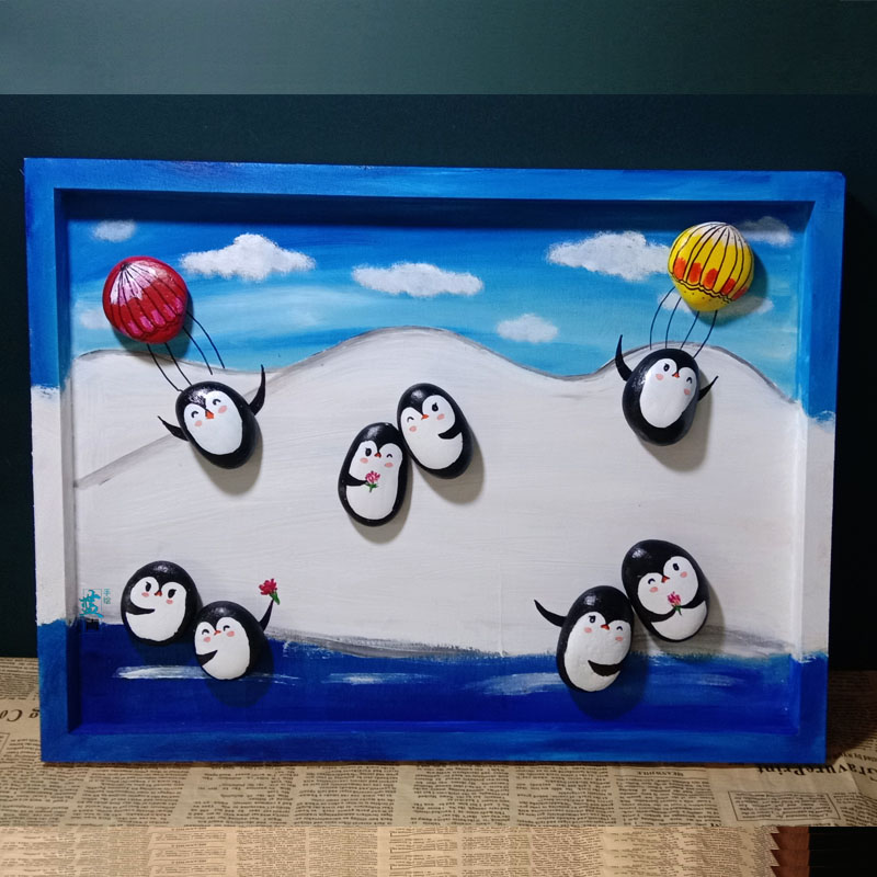 幼儿园走廊装饰美术石头拼画成品diy相框变废为宝手绘企鹅材料包