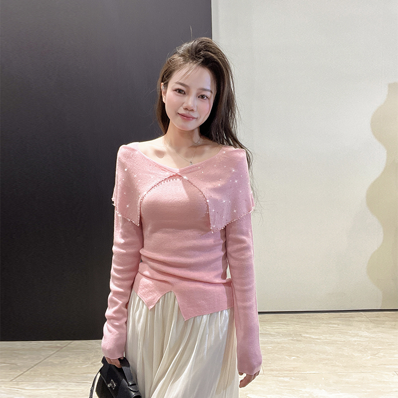 小众品牌~仙女烫水钻Bling闪一字肩羊毛露披肩内搭打底针织衫毛衣