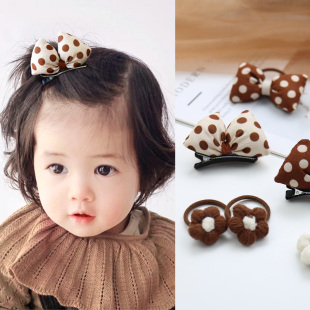 2024秋咖色系波点蝴结毛线花朵儿童发圈发饰女童发夹皮筋宝宝头绳