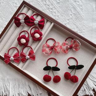 儿童发饰女童头绳双马尾酒红新年发圈女孩扎头皮筋樱桃不伤发宝宝