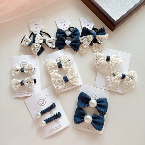 石川印象洋气百搭牛仔米蕾丝蝴蝶结儿童发夹女孩发圈扎双马尾头绳