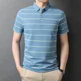 短袖t恤男翻领polo衫条纹T恤中年商务薄款衣服爸爸装QLM88109-P75，男装T恤，电商B212（原钱塘6029）
