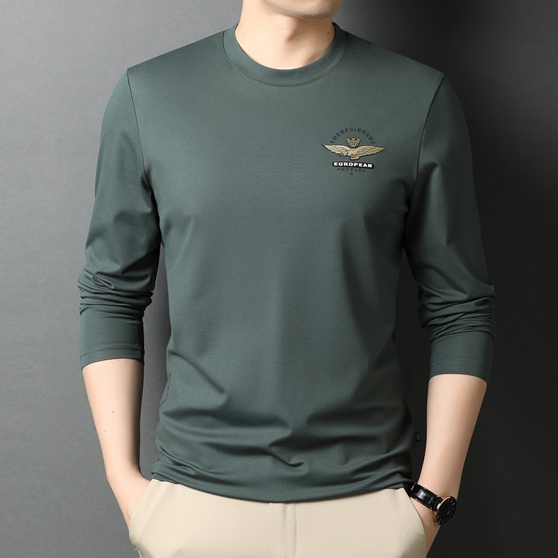 秋装新款中年男士长袖T恤商务休闲圆领印花修身体恤QLM55191-P80,男装T恤,电商B212（原钱塘6029）