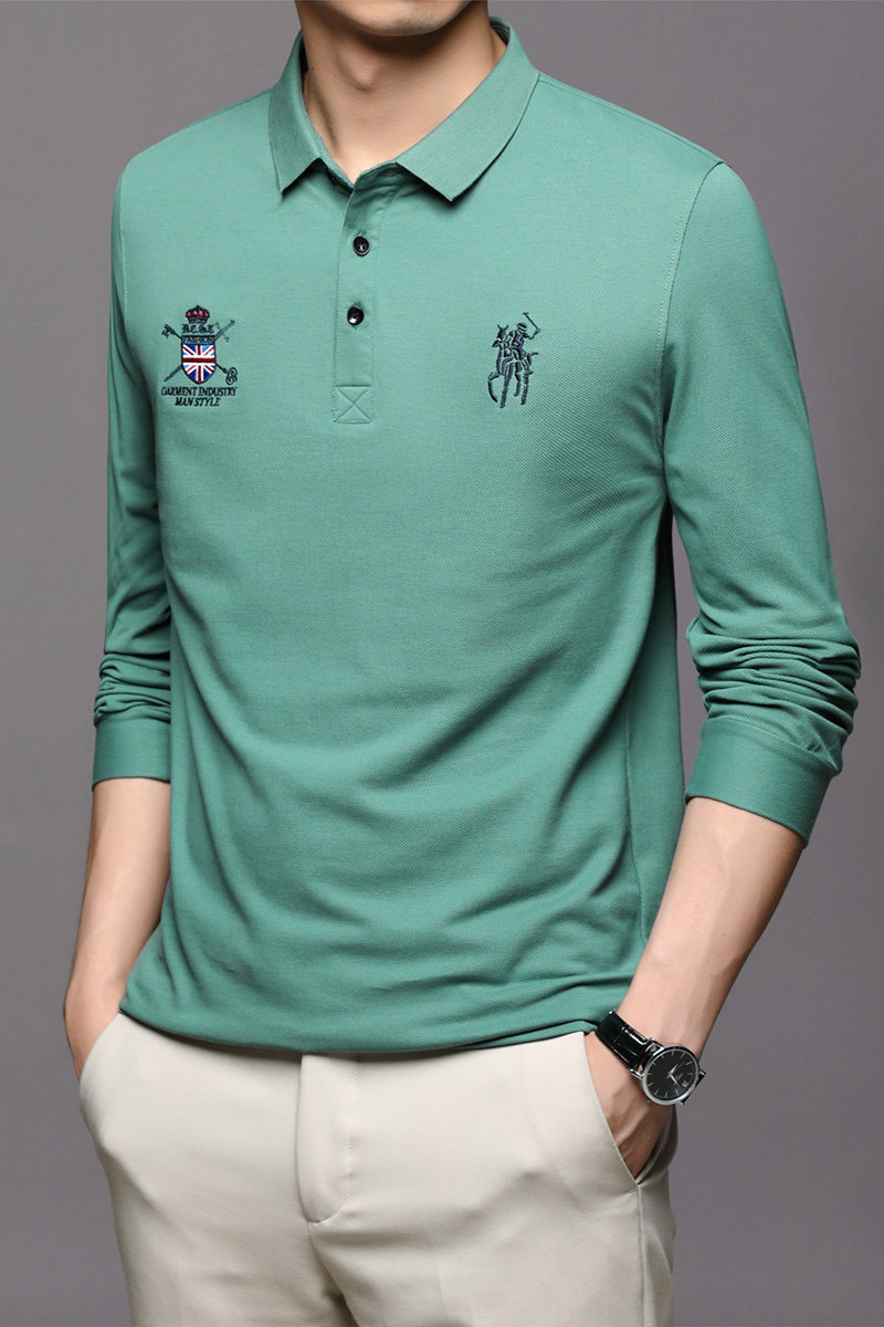 2021秋季新款POLO衫男纯棉宽松纯色百搭刺绣长袖t恤男LJ8237-P70,男装T恤,电商B212（原钱塘6029）
