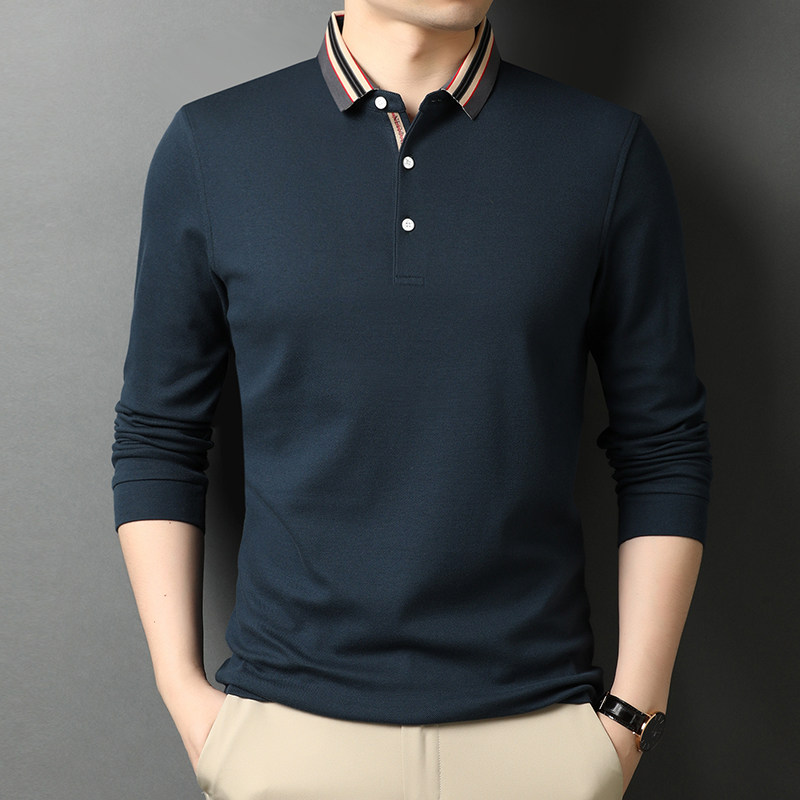 秋季翻领长袖t恤男纯棉纯色打底衫休闲男装polo衫QLM55158-P75,男装Polo衫,电商B212（原钱塘6029）