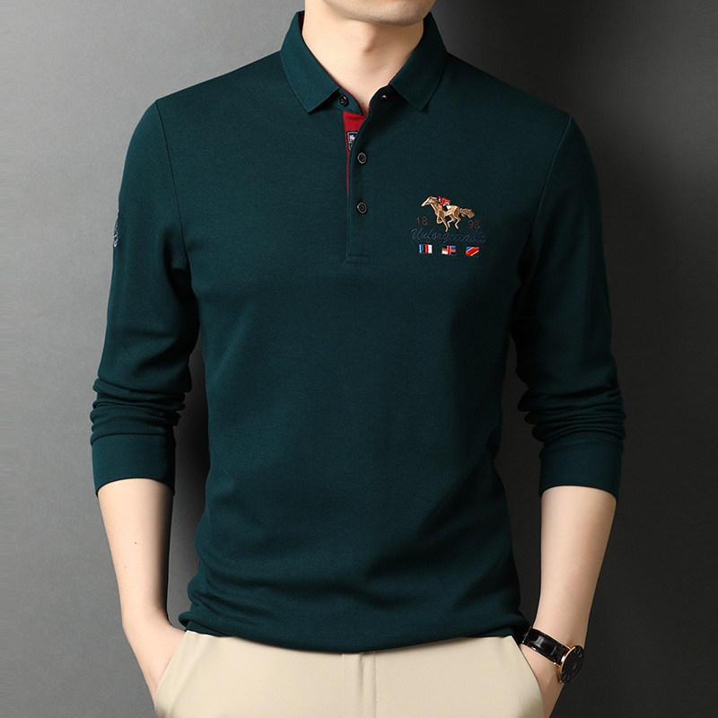 男士纯棉T恤男长袖翻领纯色体恤商务休闲宽松打底POLO衫D8820-P78,男装T恤,电商B212（原钱塘6029）