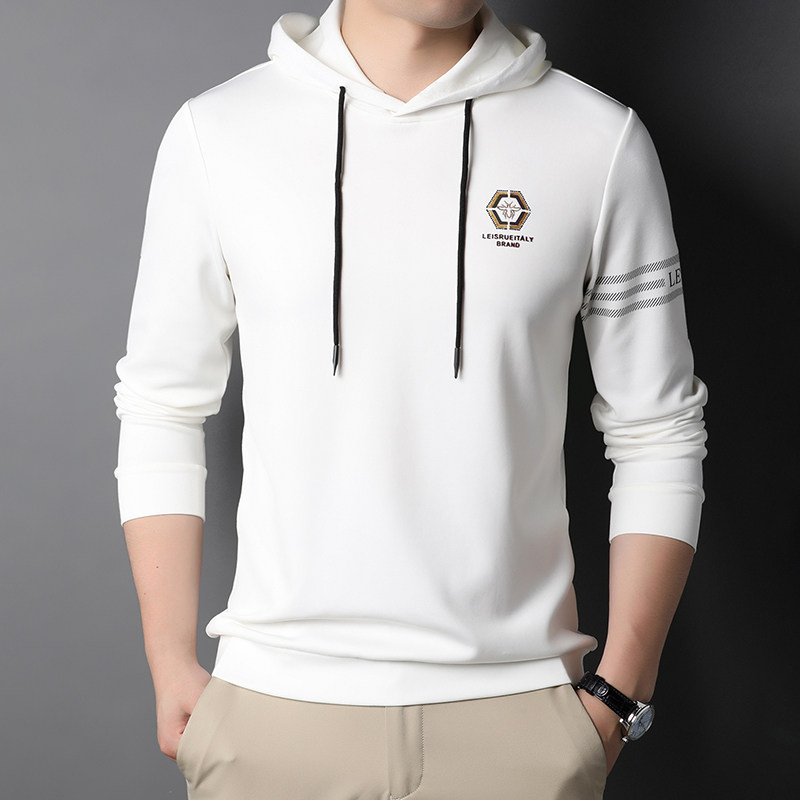 秋季新款纯色印花连帽卫衣中年男士休闲刺绣上衣男QLM77216-P100,男装卫衣,电商B212（原钱塘6029）