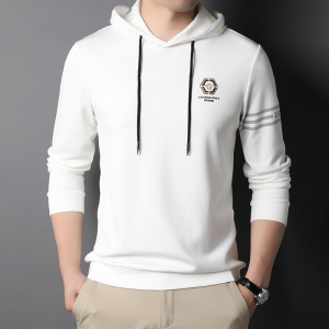 秋季新款纯色印花连帽卫衣中年男士休闲刺绣上衣男QLM77216-P100,海蓝色长款毛衣搭配图片