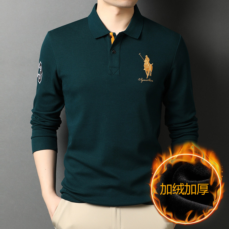 中年男士商务休闲POLO衫冬季加绒翻领纯棉长袖T恤男D8801-1-P100,男装T恤,电商B212（原钱塘6029）