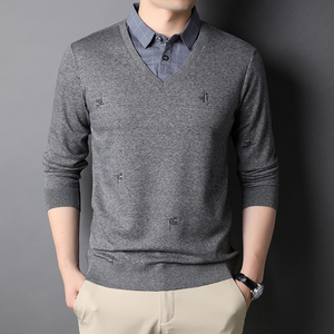2021秋季新款休闲假两件衬衫领男针织翻领打底毛衫QLM77238-P85图片