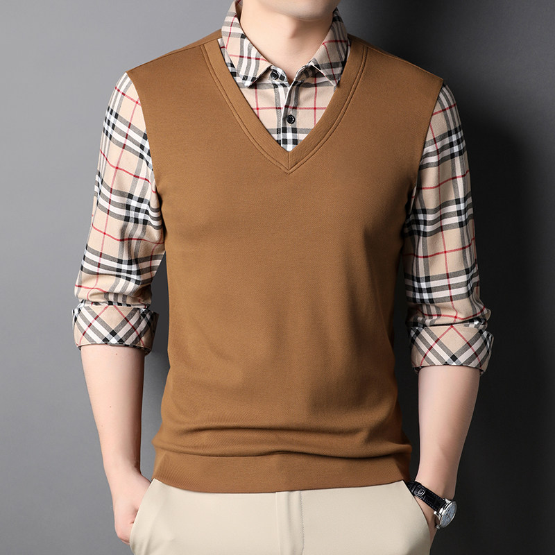2021秋季新款套头假两件男休闲格子长袖纯棉针织衫男QLM77228-P85，男装针织衫/毛衣，电商B212（原钱塘6029）