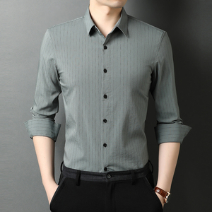 秋季衣服衬衫男长袖修身条纹气衬衣纯色百搭打底衫QLM55221-P85图片