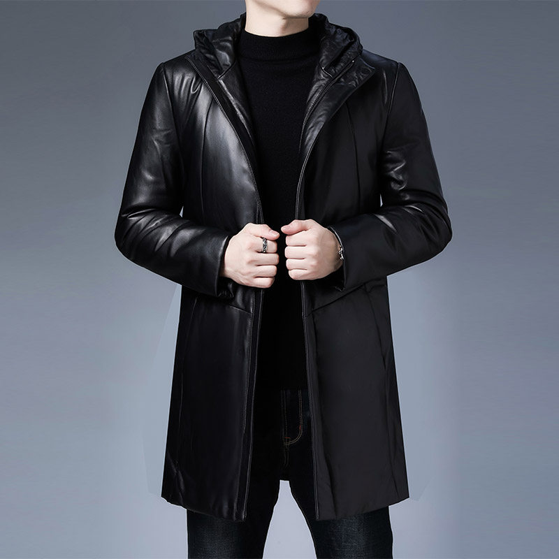 绵羊皮真皮皮衣男中长款加厚连帽秋冬气质修身皮夹克YTCY275-P690，男装皮衣，电商B212（原钱塘6029）