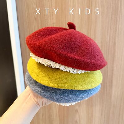 儿童贝雷帽秋冬季保暖毛线帽洋气百搭公主花边婴儿画家帽宝宝帽子