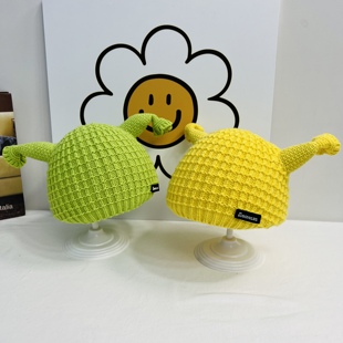 痞幼同款婴儿帽子秋冬季搞怪超萌绿色帽子冬天新款男女宝宝毛线帽