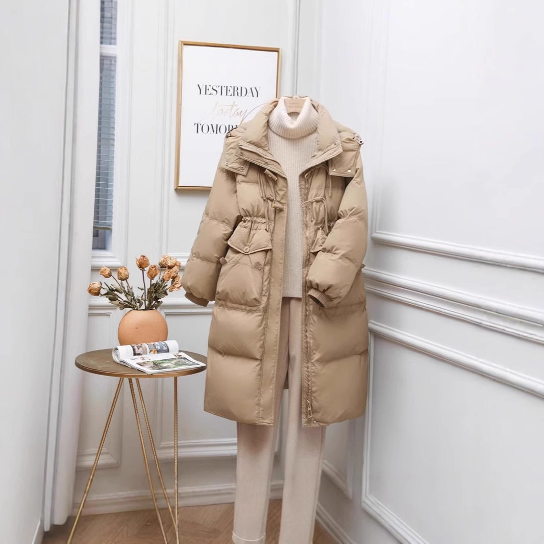 2024冬季新款韩版时尚羽绒服女中长款过膝加厚修身竹节扣收腰外套