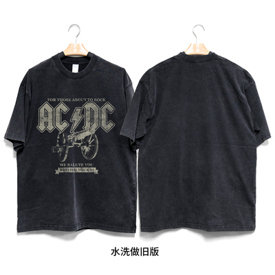 Retro47 ACDC摇滚美式复古宽松水洗做旧纯棉T恤oversize男女短袖