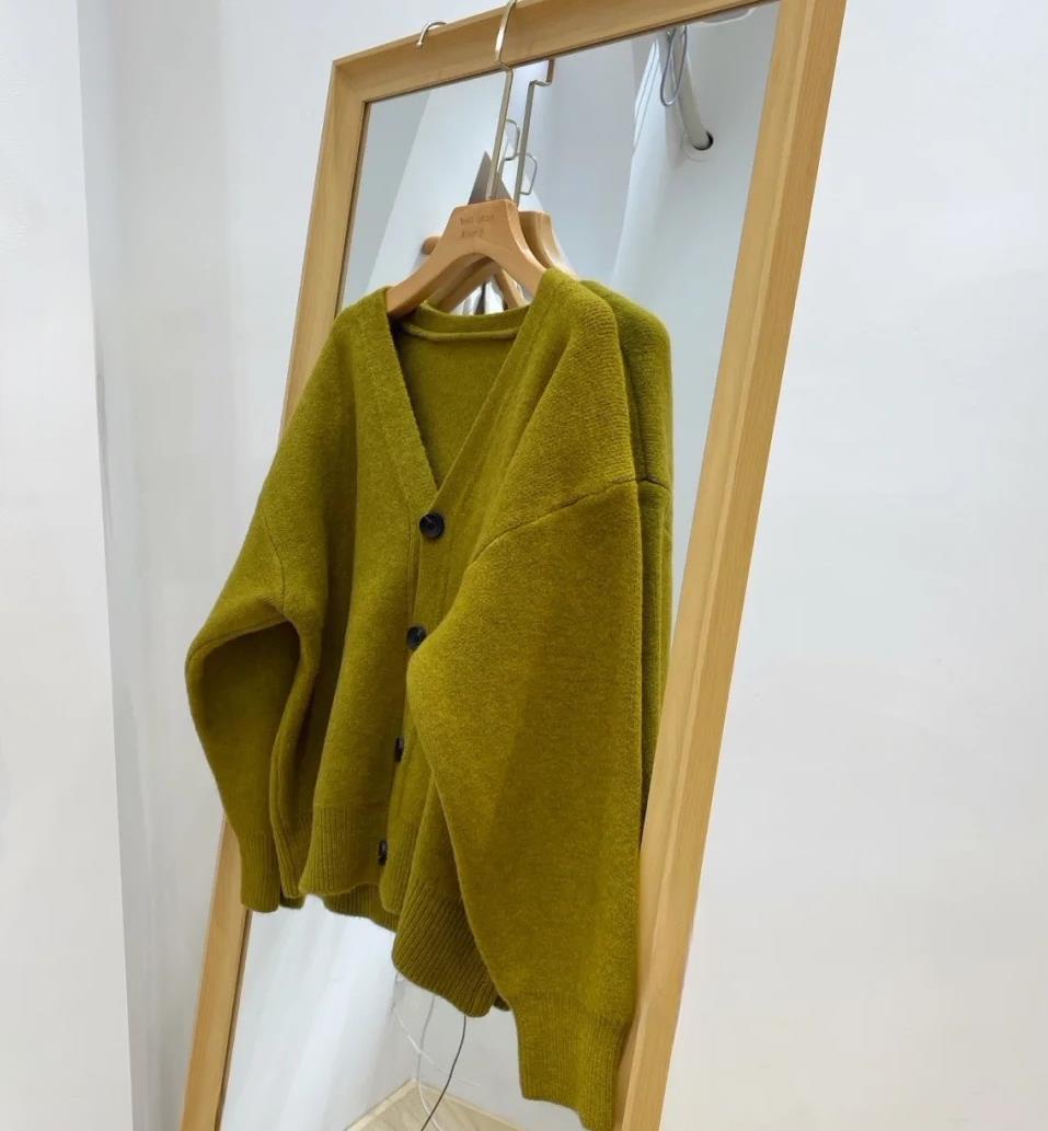 芥末绿毛衣外套针织外套V领