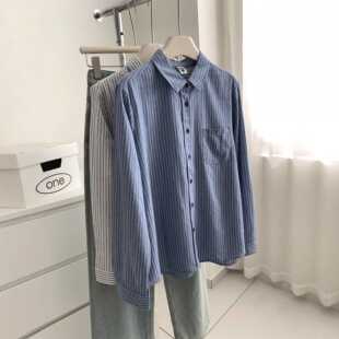 文艺复古色织条纹衬衫女减龄韩版学生翻领口袋衬衣26春季棉质外套