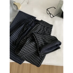 加绒加厚格子裤女宽松韩版直筒休闲裤冬季阔腿裤显瘦百搭学生长裤