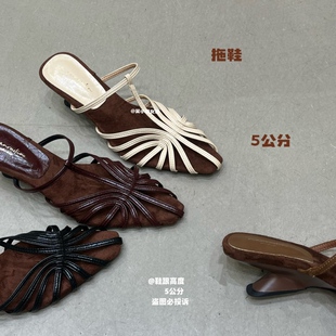 方头汗脚的拖鞋！夏季新款编织细带方头坡跟凉拖女复古港风百搭鞋
