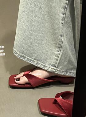 丝绒！复古红色夹趾方头凉拖韩系慵懒风矮跟显瘦日常休闲女人字拖