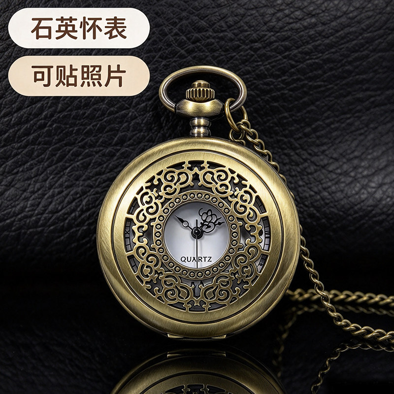 古金色镂空怀表男女学生可贴照片复古雕花石英表翻盖项链表礼物