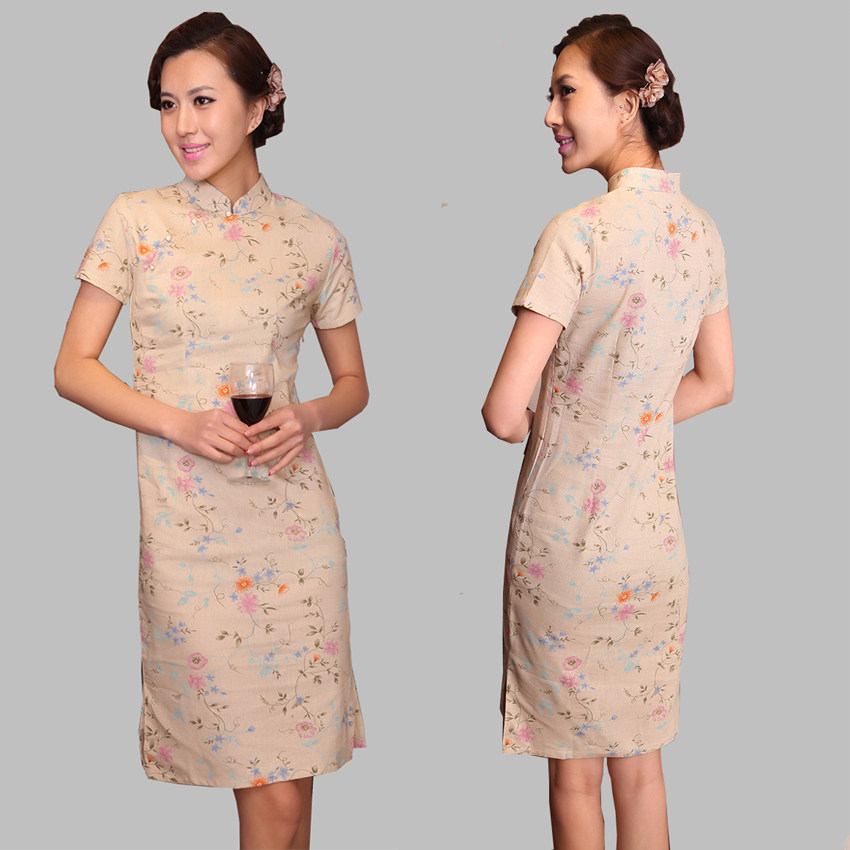2021春夏季新品 女式复古碎花大花印花 改良 棉麻亚麻旗袍裙短袖