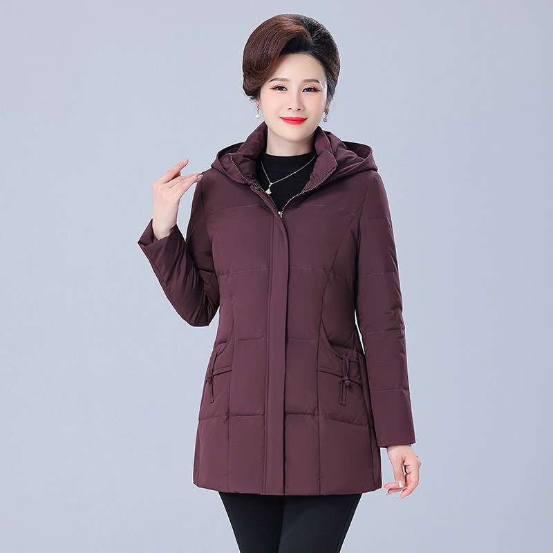 羽绒服女中长款妈妈装白鸭绒外套