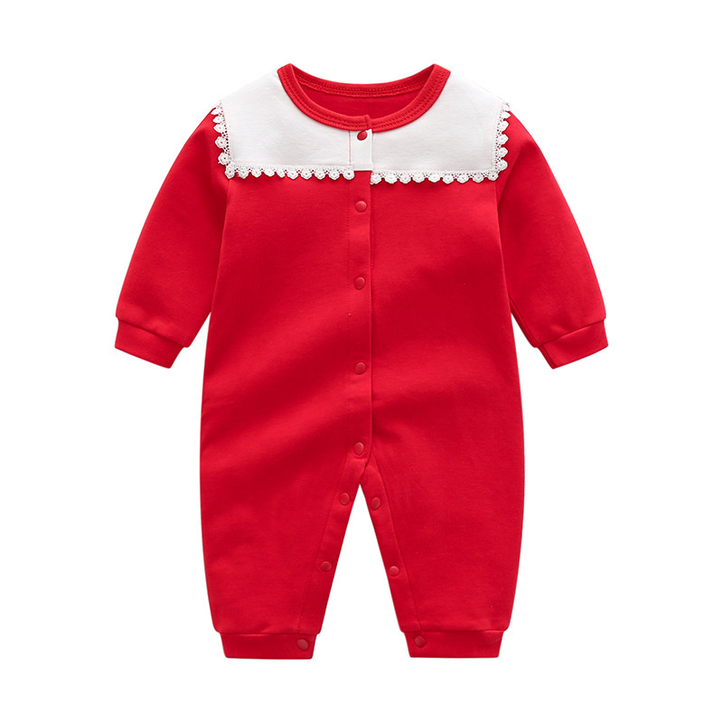 婴儿春装红色满月女宝宝外出连体衣洋气可爱超萌新生儿衣服哈衣
