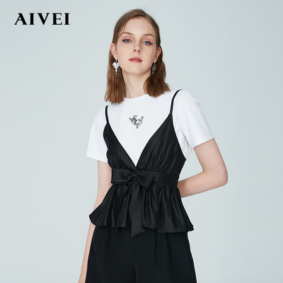 taobao agent AIVEI Xinhe Ai Wei 2023 Spring Rabbit Embroidery Butterfly Circle T -shirt Two -piece Two -piece Set N03W0054