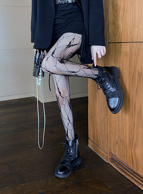 渔网袜辣妹黑丝镂空蝴蝶结提花图案ins性感暗黑蕾丝防勾连裤网袜