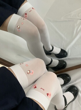 日系可爱表情印花过膝袜女夏季白色长筒袜JK制服学院风丝袜