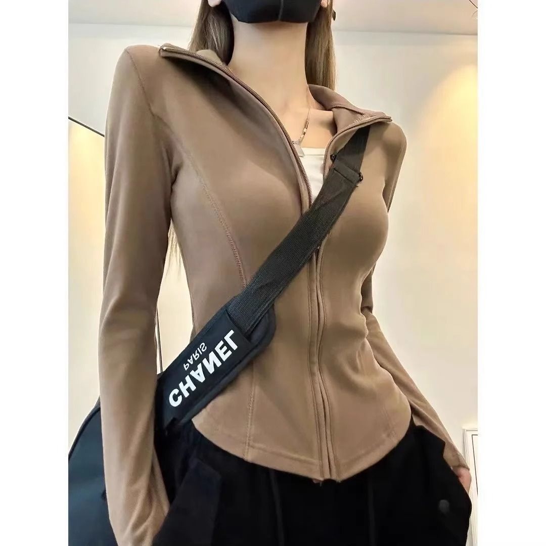 德绒大码秋冬季新款纯色拉链长袖t恤女设计感小众修身立领上衣ins