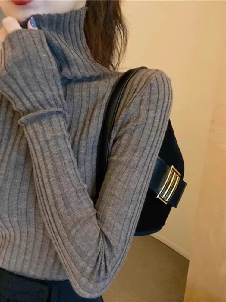 灰色高领打底衫女春秋内搭2025新款修身显瘦针织衫堆堆领软糯毛衣