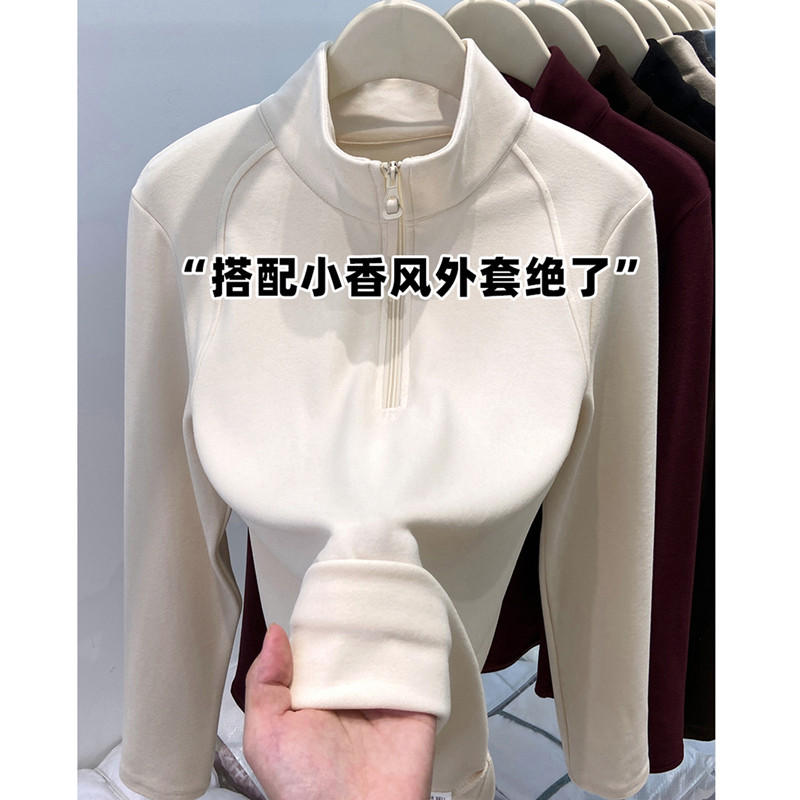 半拉炼立领双面德绒长袖厚棉T女士春秋内搭新款加厚打底衫外穿上