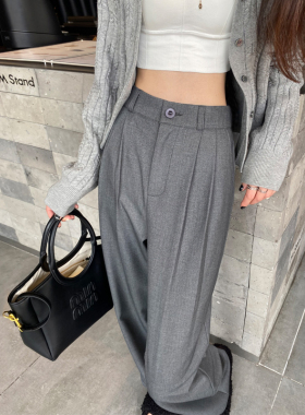 灰色西装裤女春秋薄款2025新款高腰垂感宽松休闲直筒拖地阔腿裤子